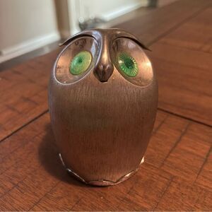 Vintage NAPIER Brushed Silver-Tone Metal OWL‎ Coin Bank with Green Eyes 4" High